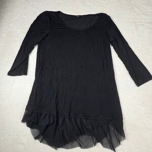 Cupio Tunic Top Womens Large Black  Mesh Ruffle Hem 3/4 Sleeve Scoop Neck